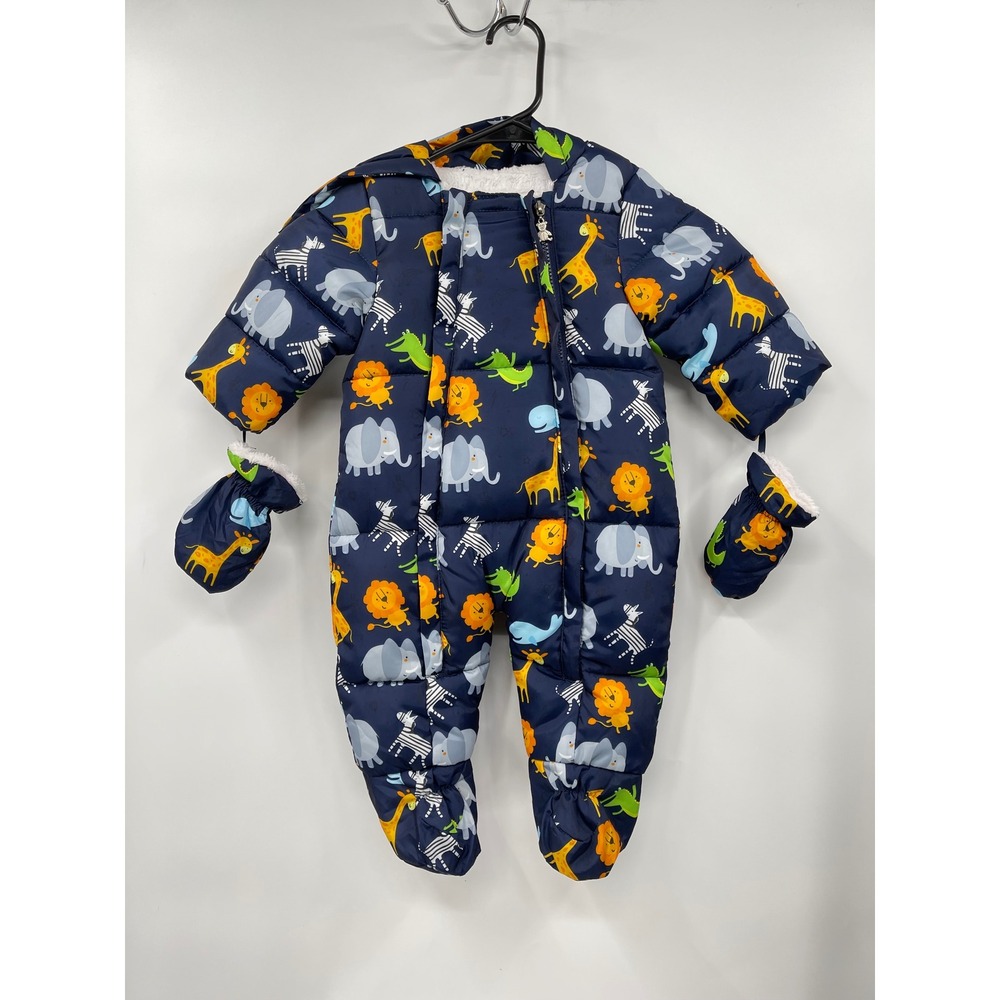 Mother's Babybear Navy Blue Zoo Animal Print Puffer Snowsuit Mittens 9-12 Months